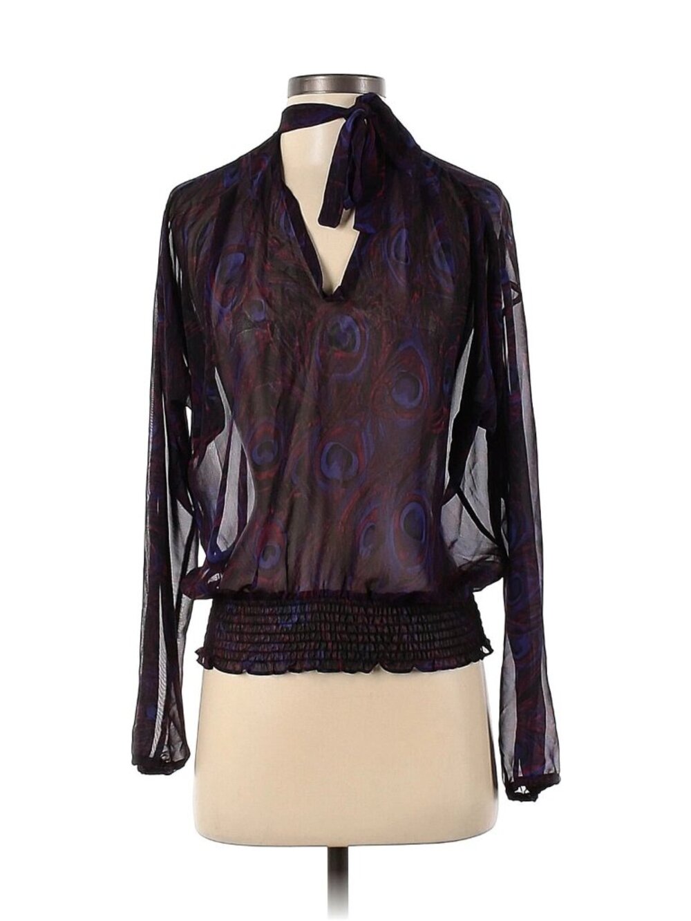 MICHAEL KORS Chiffon Peacock Print Tie-Neck Smocked Waist Band Blouse Pettie NWT